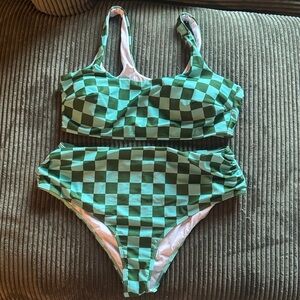 Green Checkered High-Waist Bikini Set